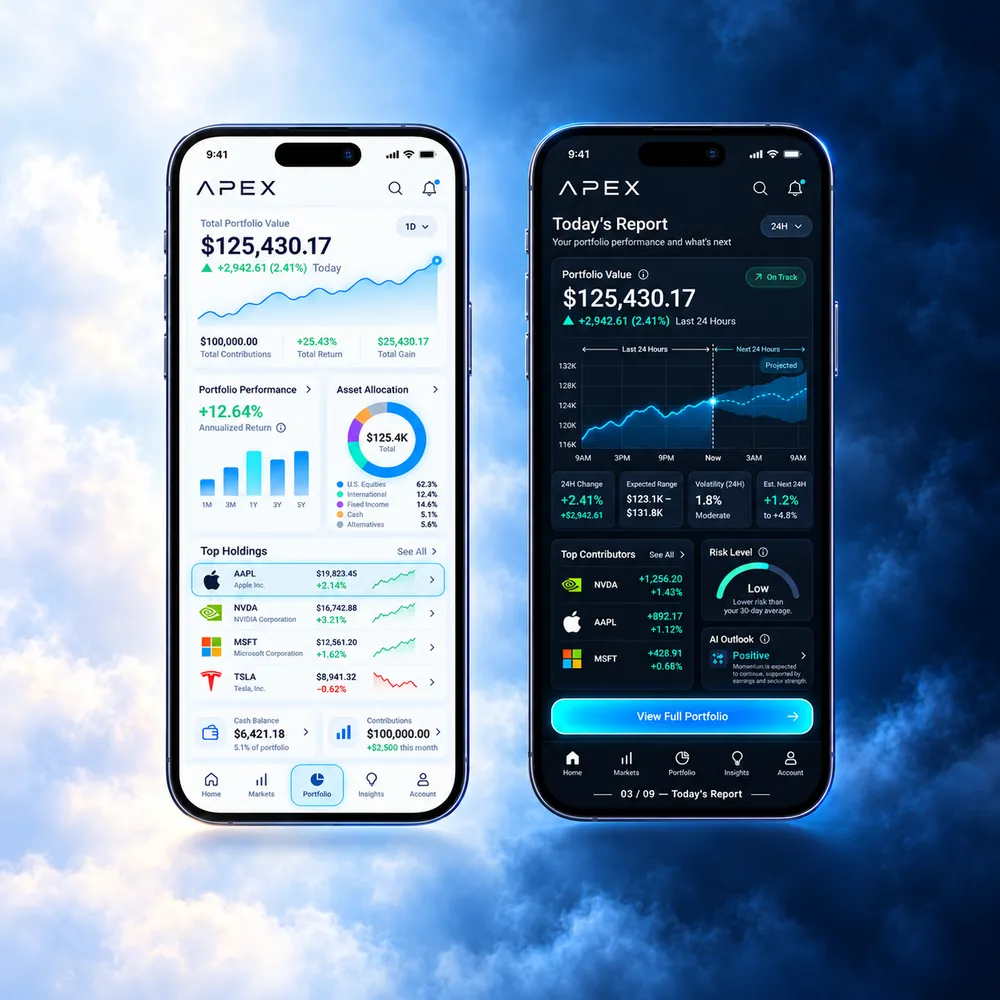 APEX portfolio app shown on two phone screens.