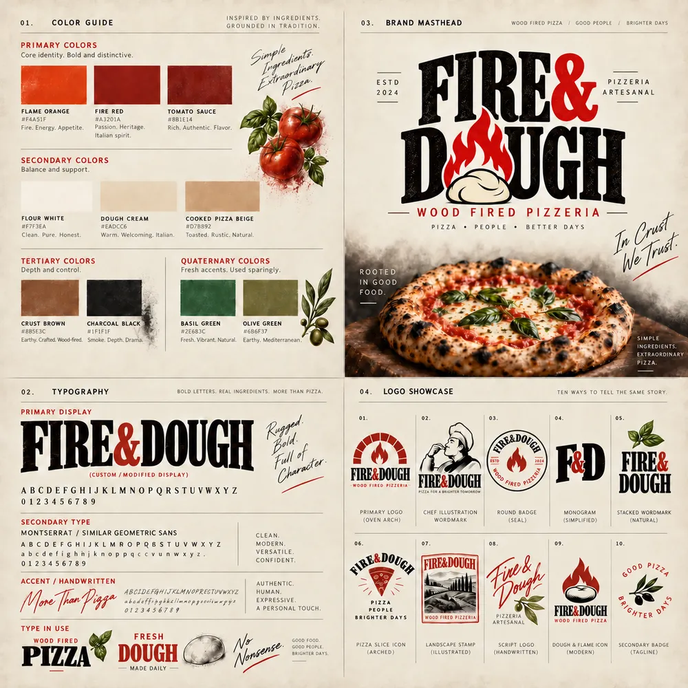 Fire & Dough pizzeria brand identity: colour guide, typography and logos.