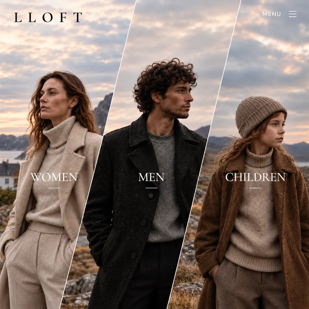 LLOFT clothing brand website, with women, men and children sections.